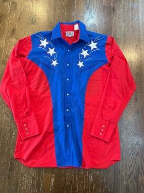 Vintage Ely Diamond Red and Blue Western Pearl Snap Mens Medium Star Embroidery
